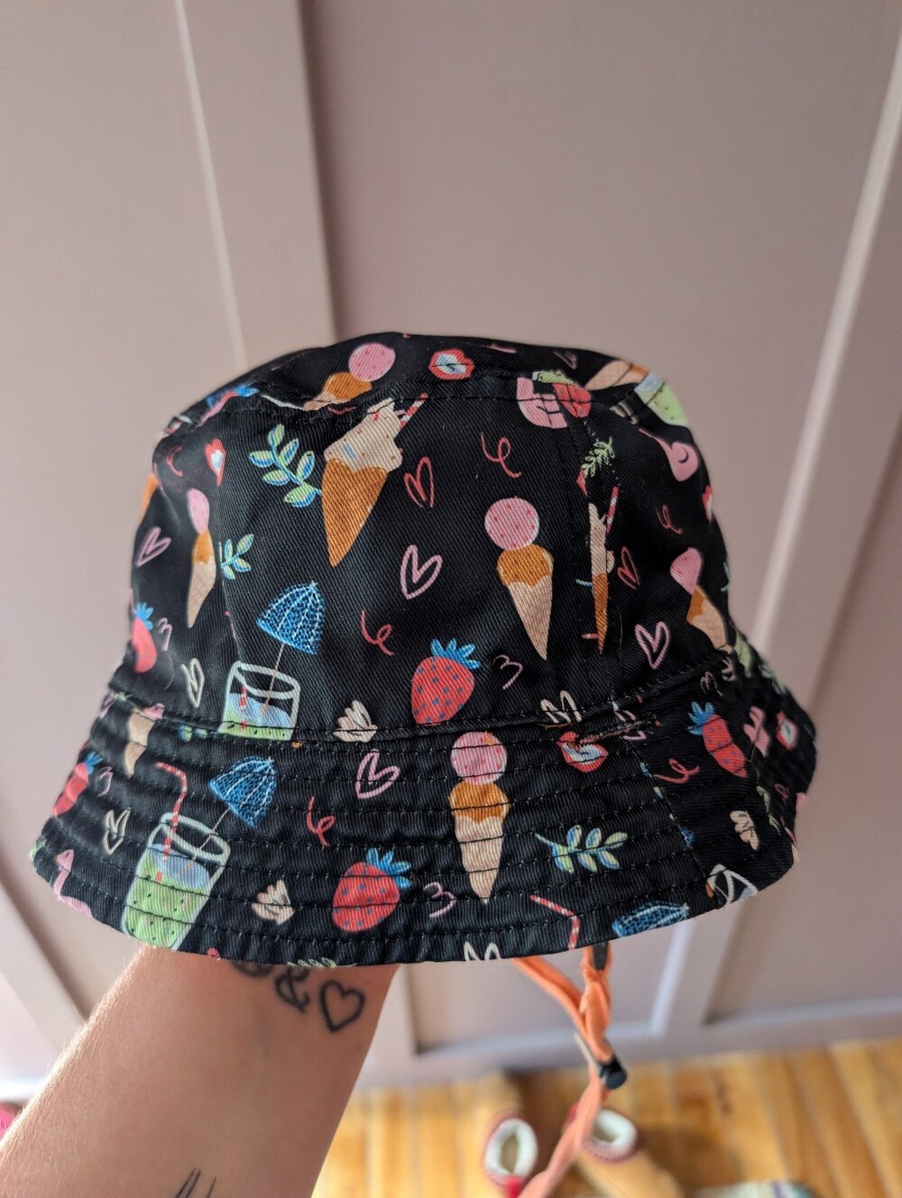 Headster Black Bucket Hat with Colorful Ice Cream & Fruit Print
